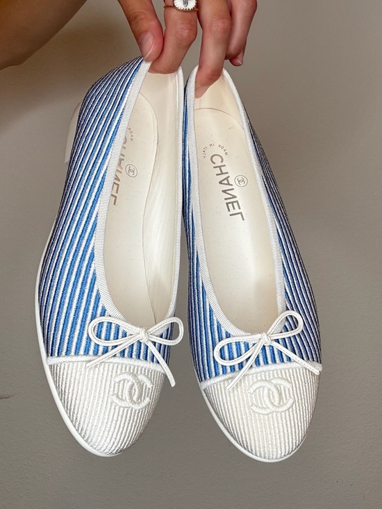 CHANEL Shoes - CHANEL Blue & White Striped Canvas Ballet Flats with Bow